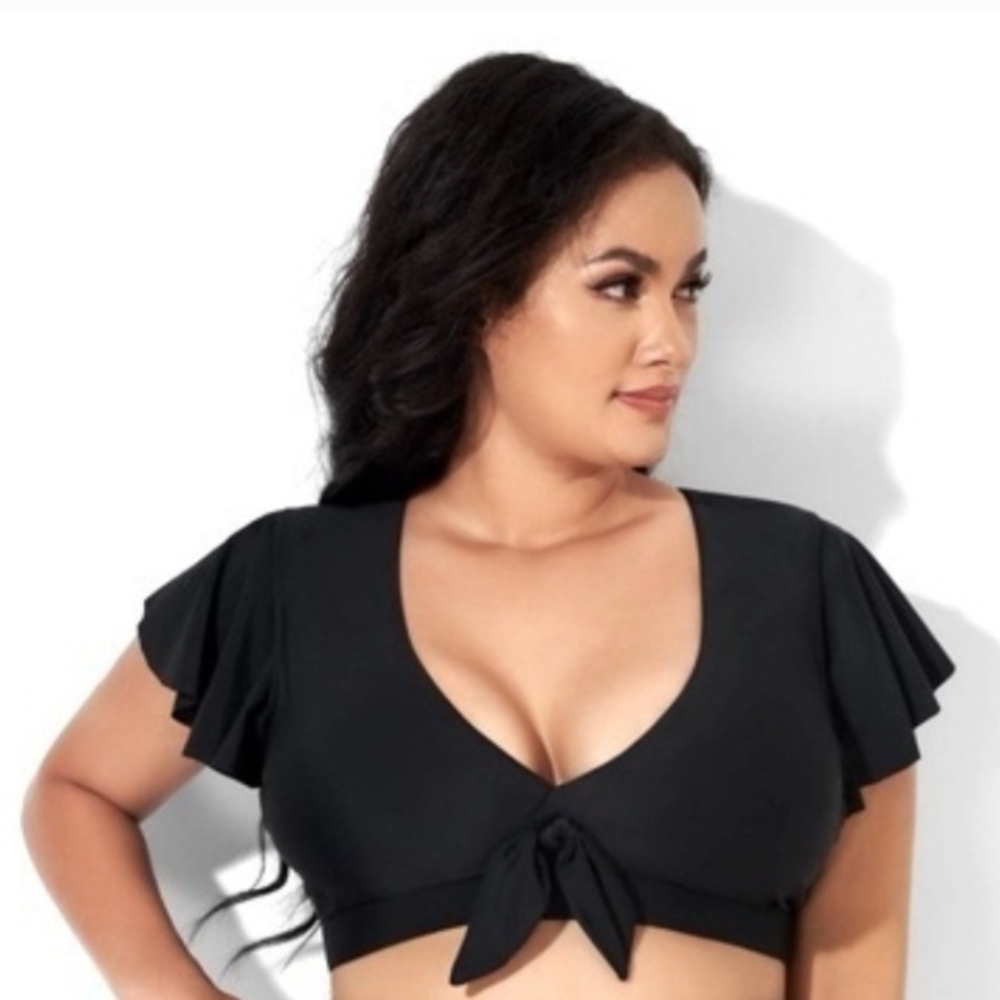 Elegant Black Ruffle Sleeve Swim Top